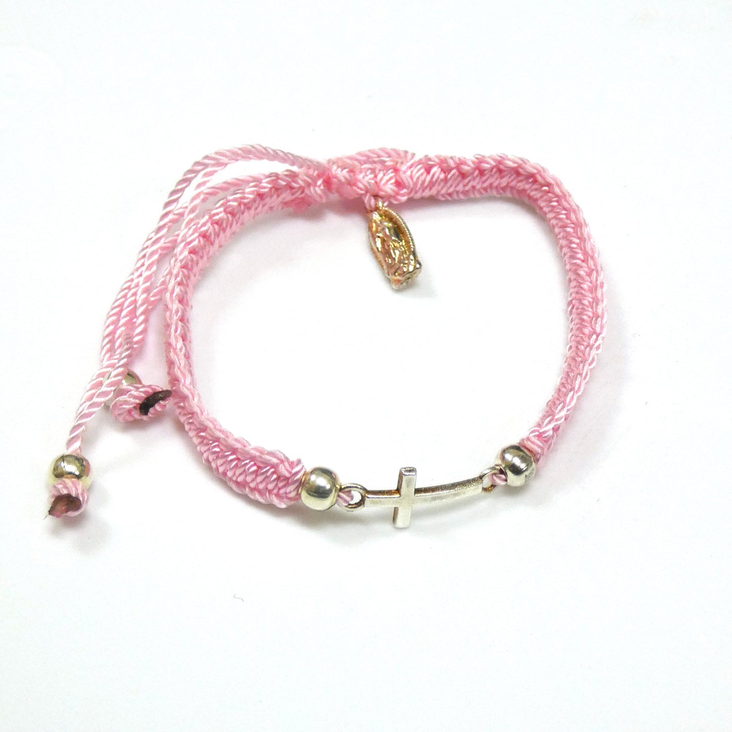 Braided Bracelet of Assorted Colors with Metal Cross and Guadalupe Medal