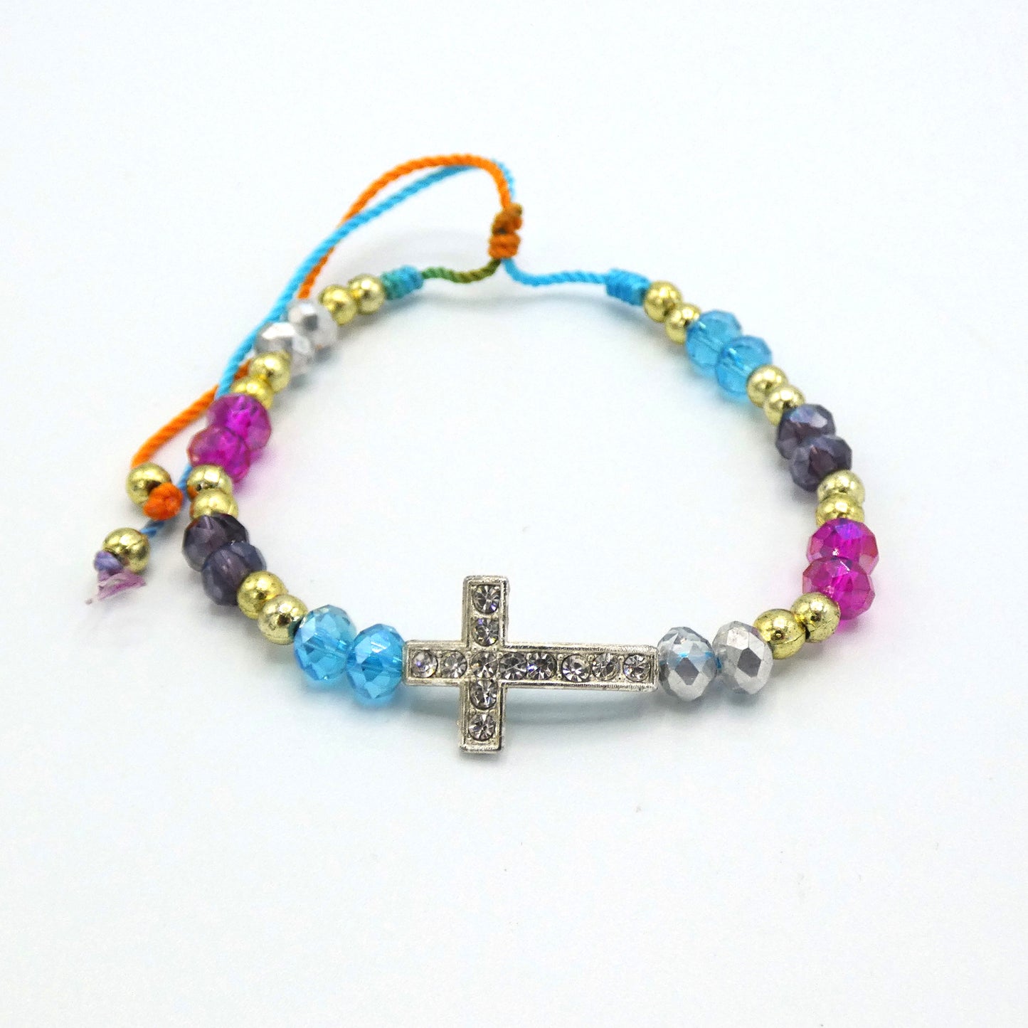 Beaded Bracelet of Assorted Colors with Rhinestone Cross
