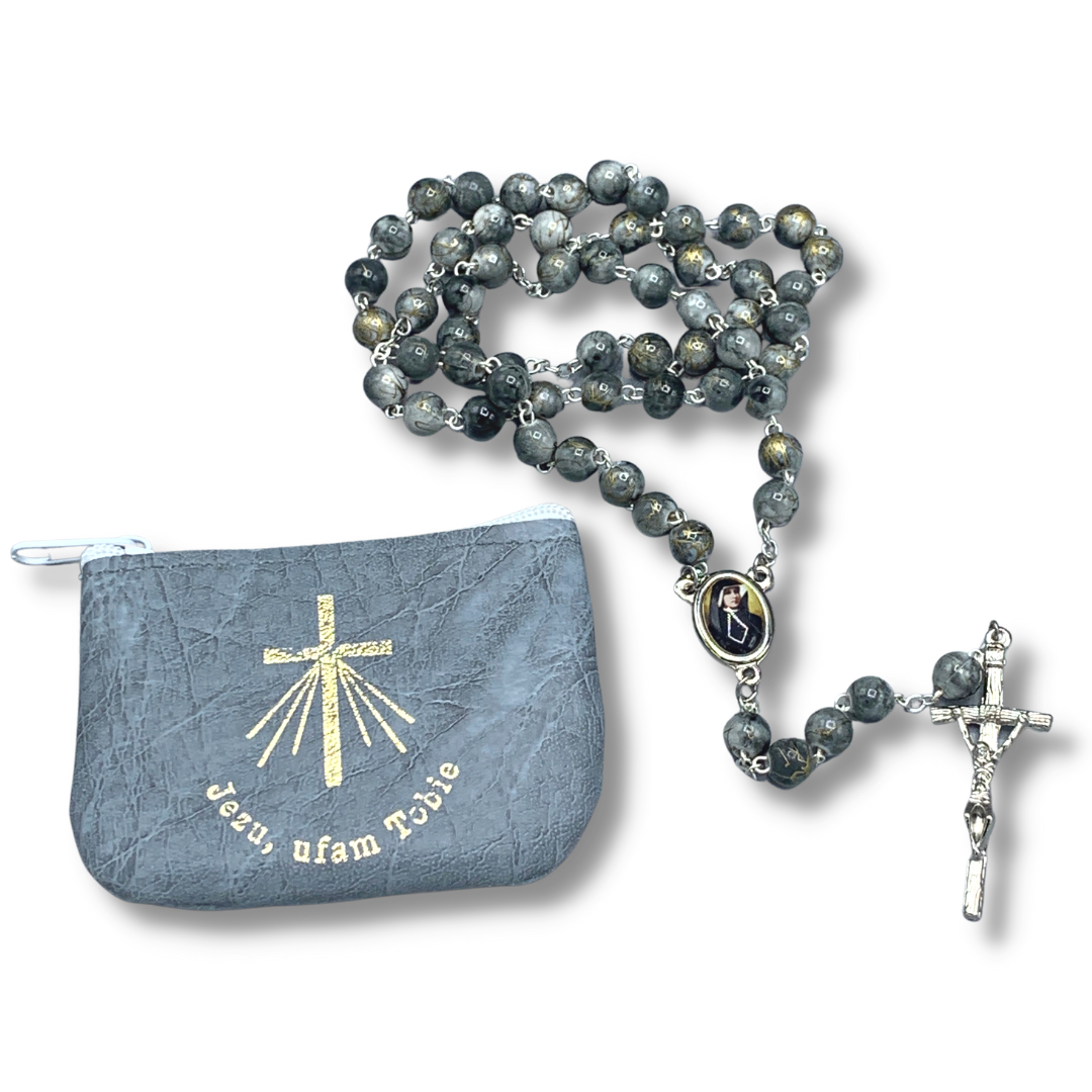 Marble St. Faustina Rosary with Relic and Pouch