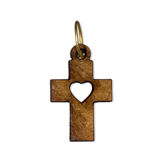 Olive Wood Cross Pendant with Heart Cut-Out