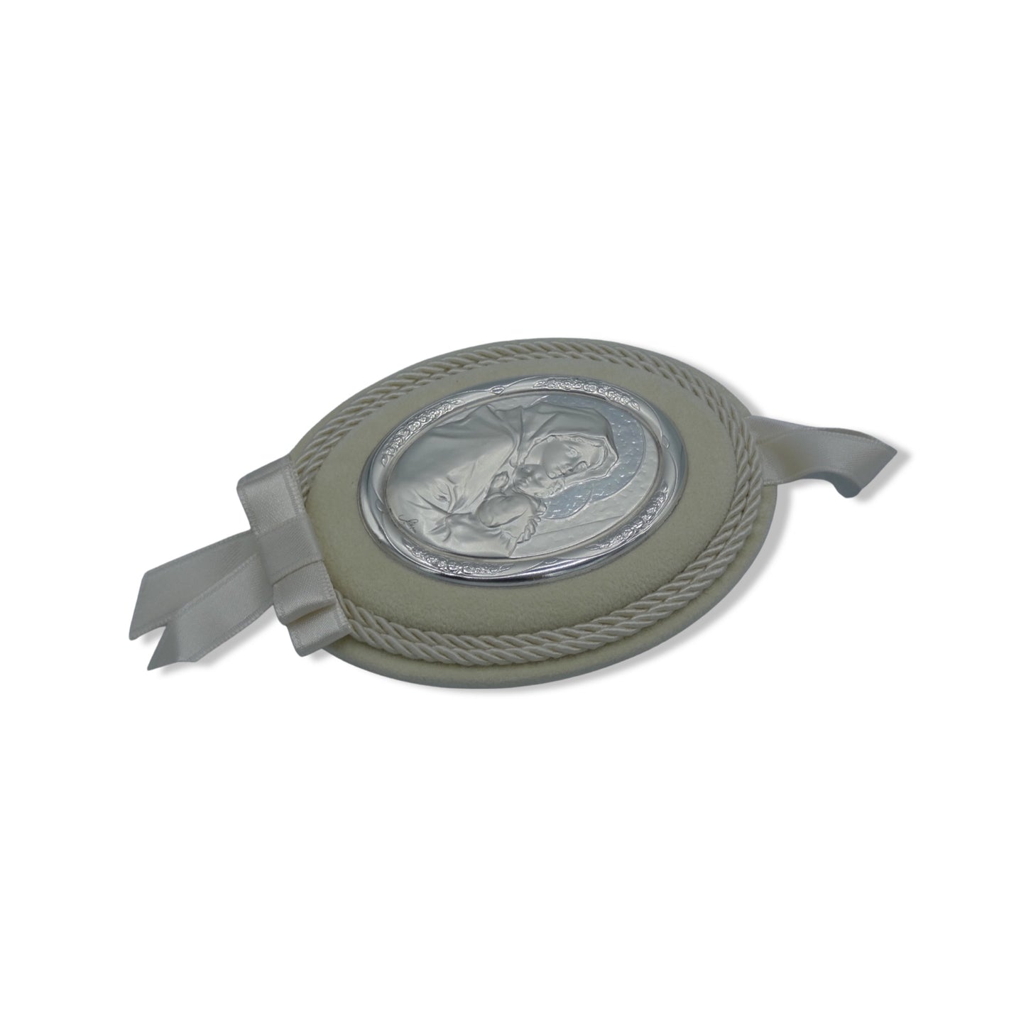 Oval Madonna with Child Baby Crib Silver Medallion