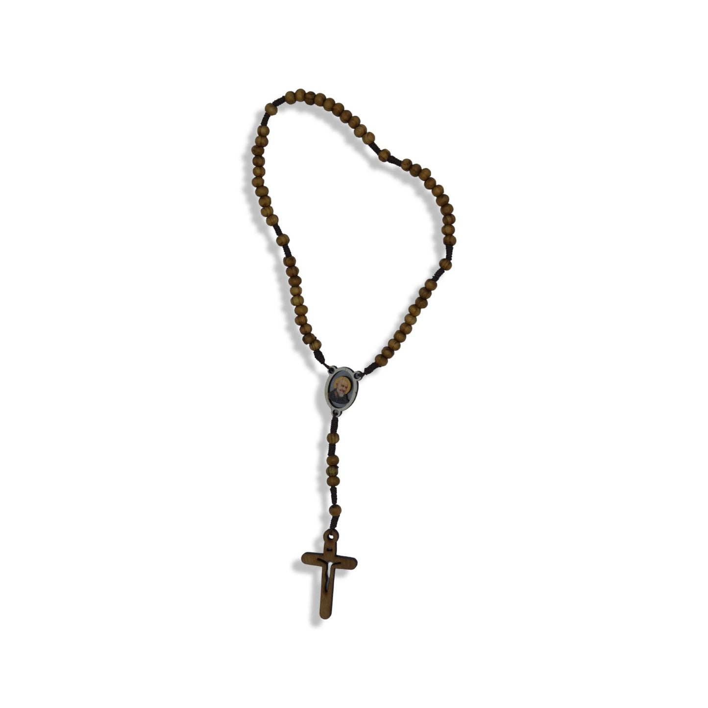 Padre Pio Wooden Rosary with Relic Holy Card