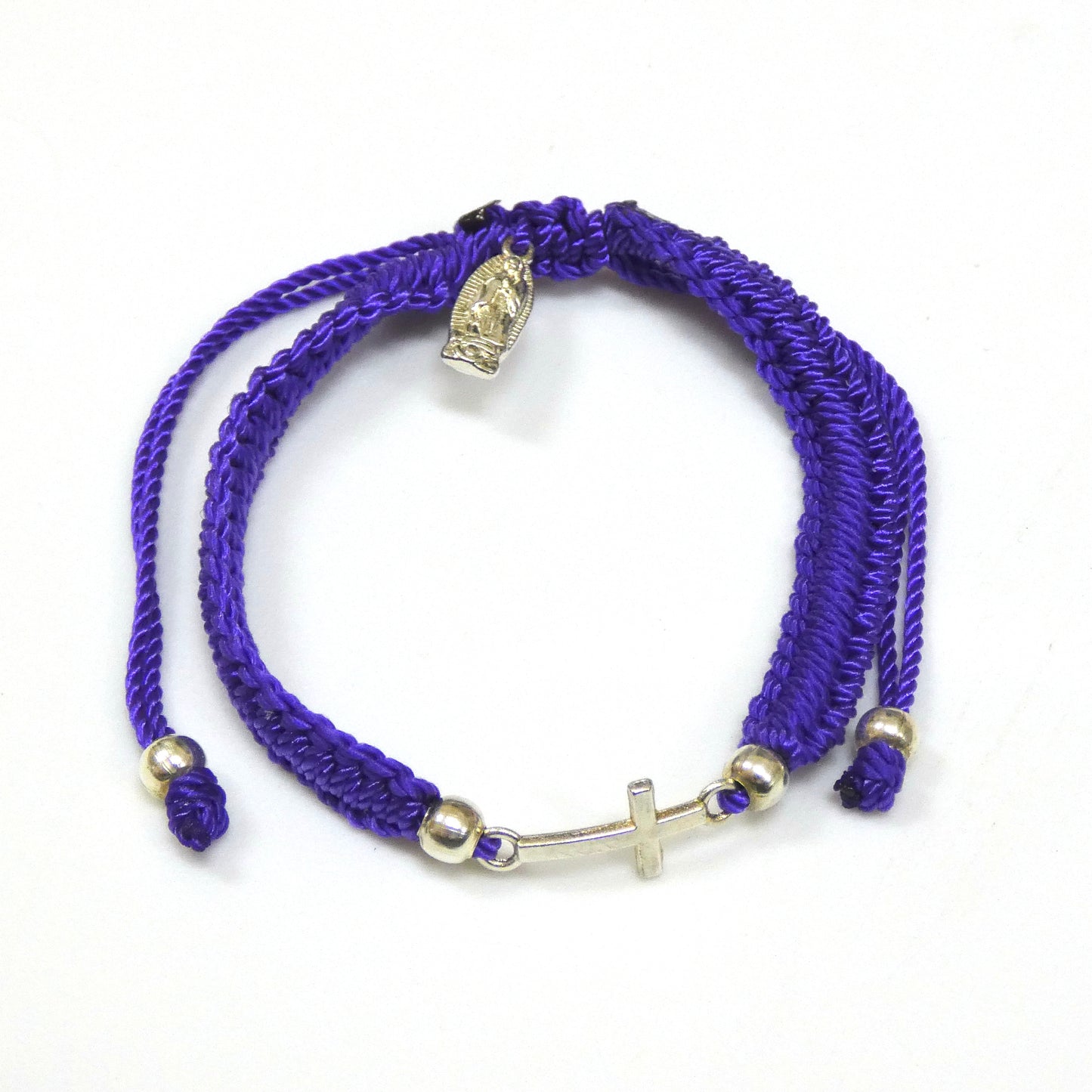Braided Bracelet of Assorted Colors with Metal Cross and Guadalupe Medal