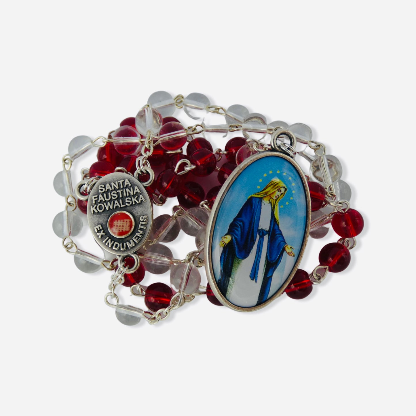 Round Blood and Water Divine Mercy Rosary with Relic and Holy Card