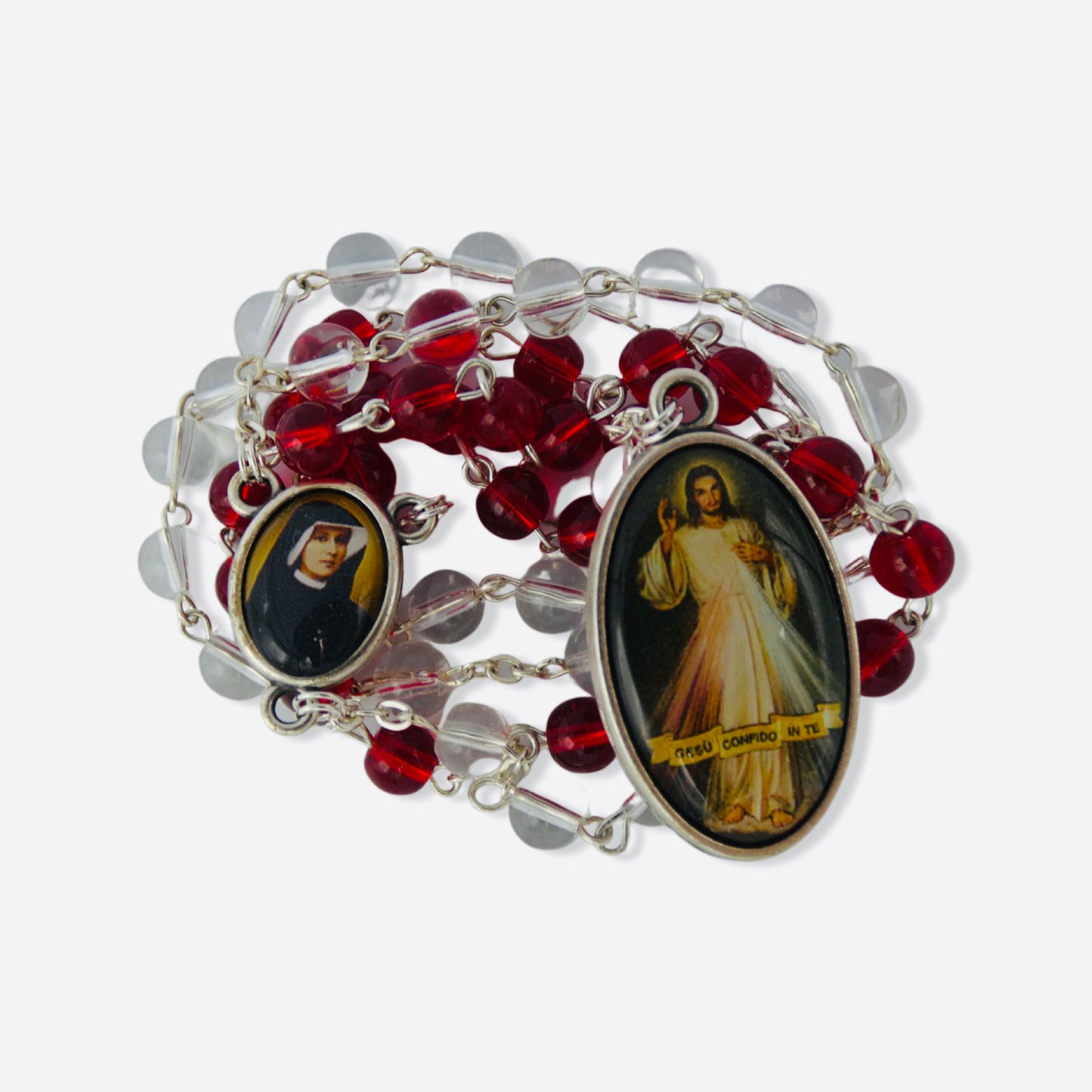 Round Blood and Water Divine Mercy Rosary with Relic and Holy Card