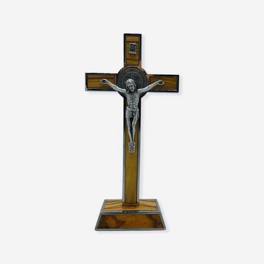 Silver Hickory Wood Colored Inlay St. Benedict Standing Crucifix