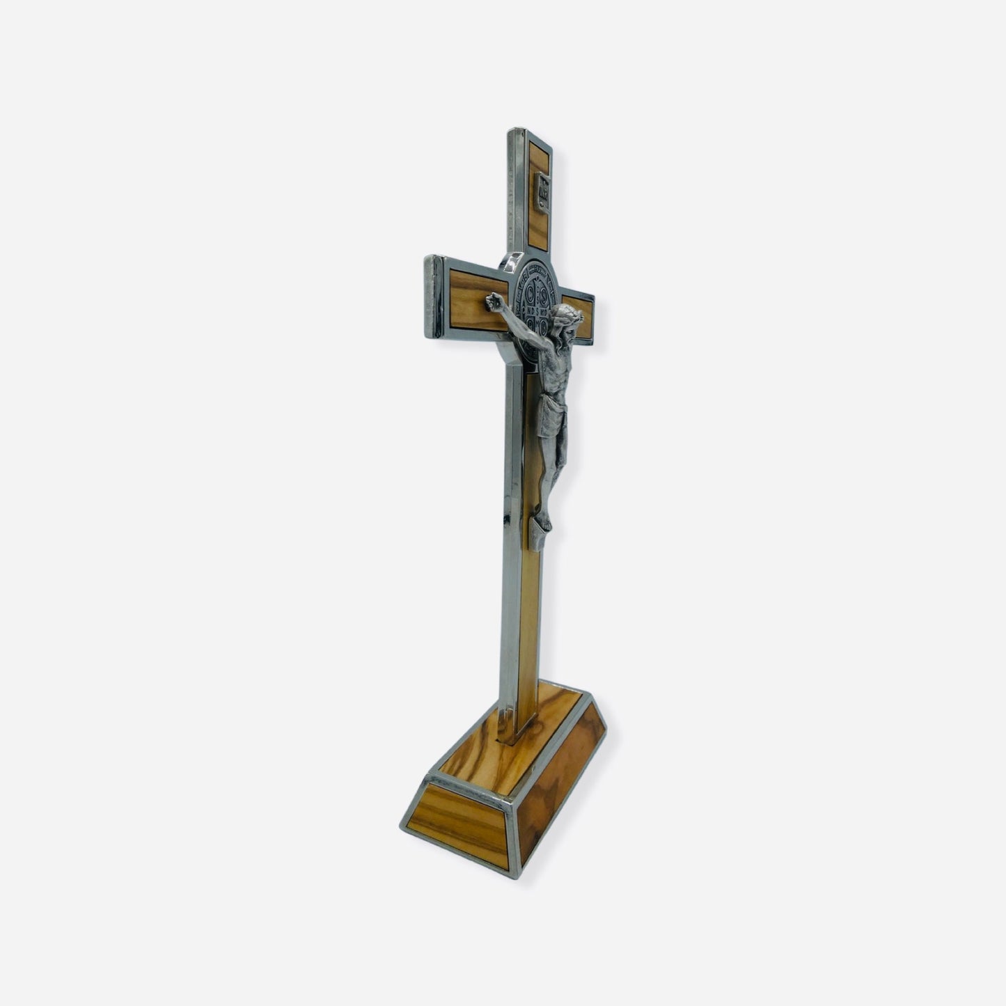 Silver Hickory Wood Colored Inlay St. Benedict Standing Crucifix