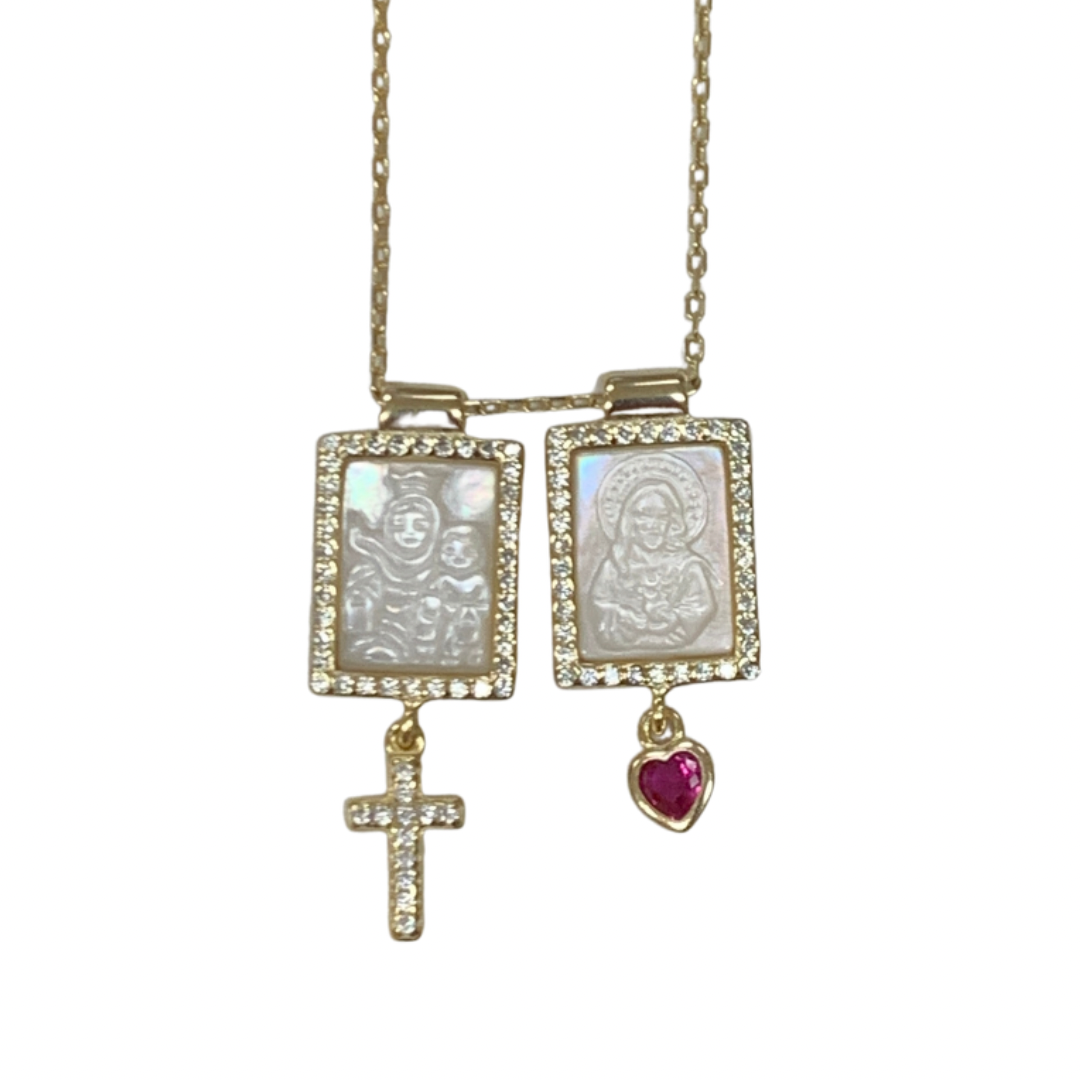 Square Mother of Pearl Scapular Necklace with Zirconium Gems