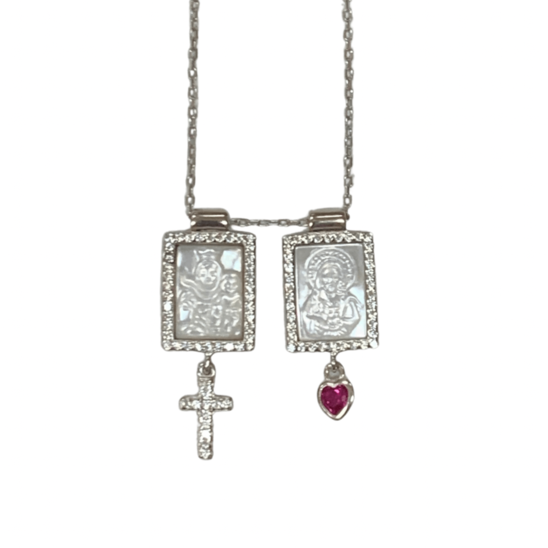 Square Mother of Pearl Scapular Necklace with Zirconium Gems