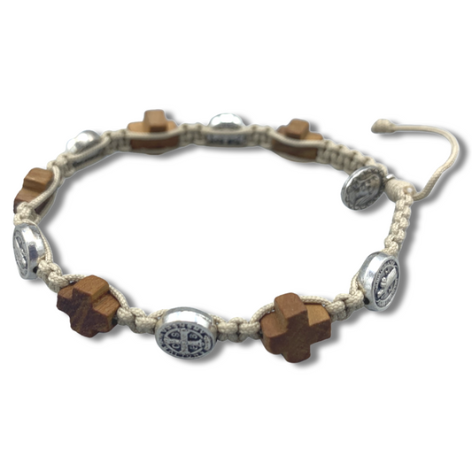 Wood Cross and St. Benedict Medal Decade Rosary Bracelet of Assorted Colors