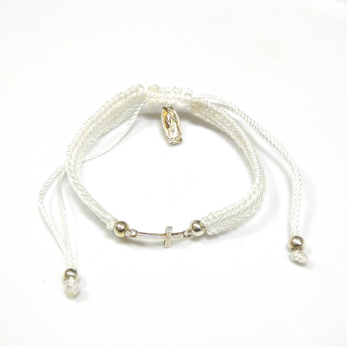 Braided Bracelet of Assorted Colors with Metal Cross and Guadalupe Medal