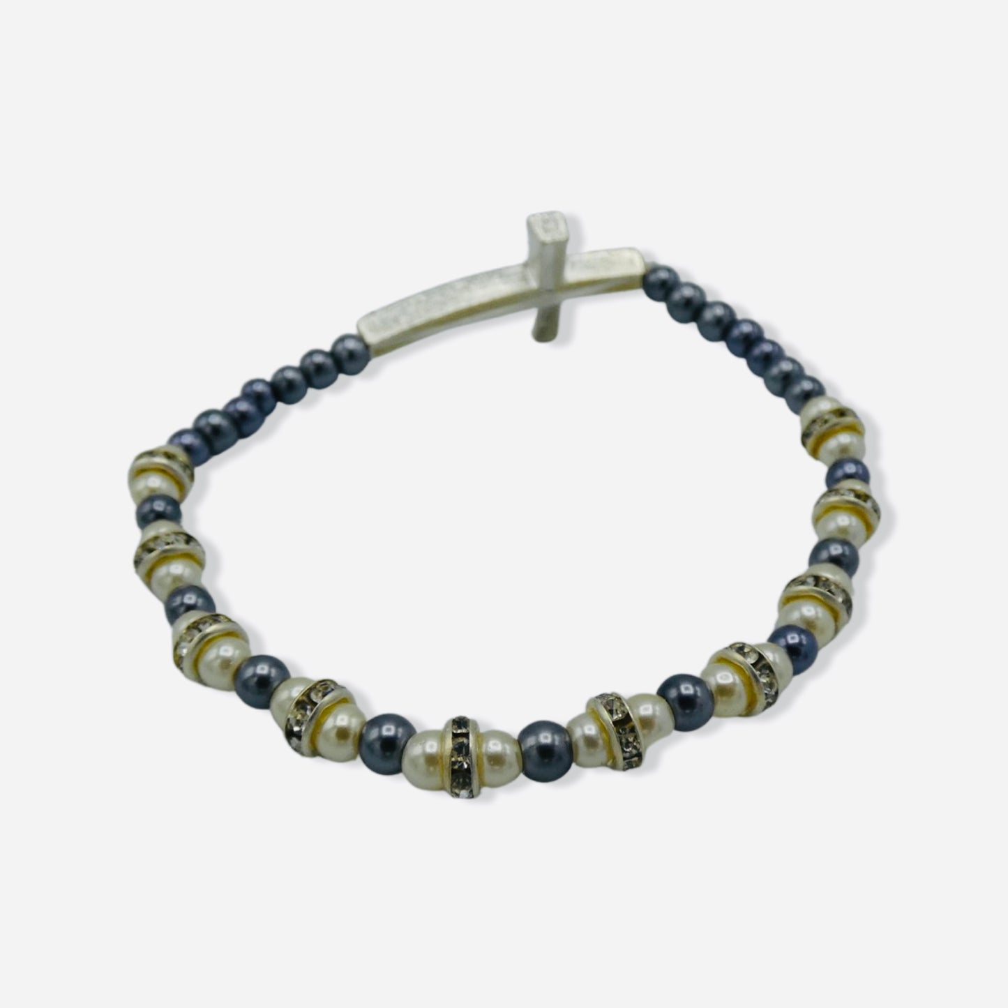 White and Grey Pearl Fatima Decade Rosary with Rhinestone Cross