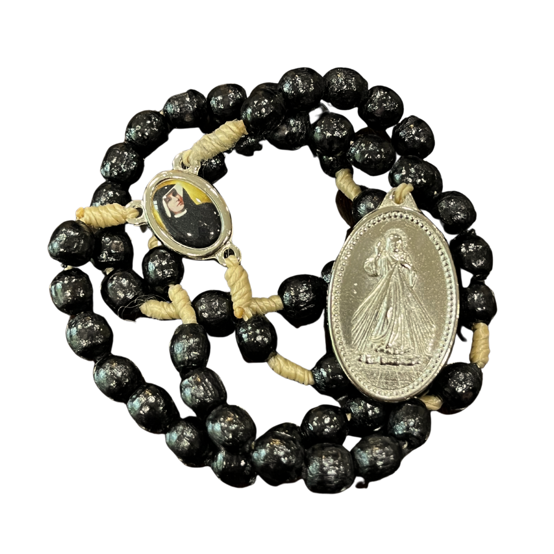 Wood St. Faustina String Rosary with Relic and Medal