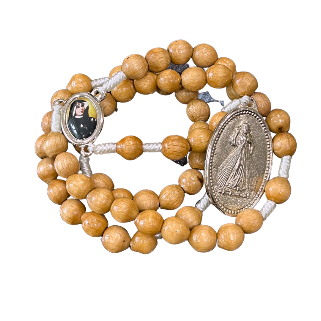 Wood St. Faustina String Rosary with Relic and Medal