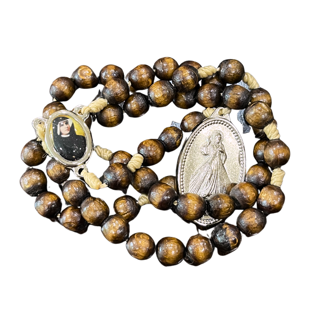 Wood St. Faustina String Rosary with Relic and Medal
