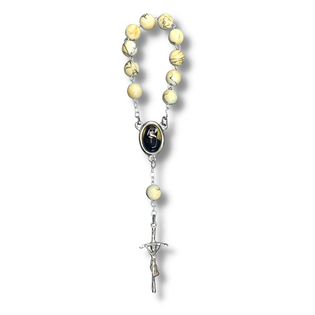 Round Marble St. Faustina Decade Rosary with Relic and Holy Card