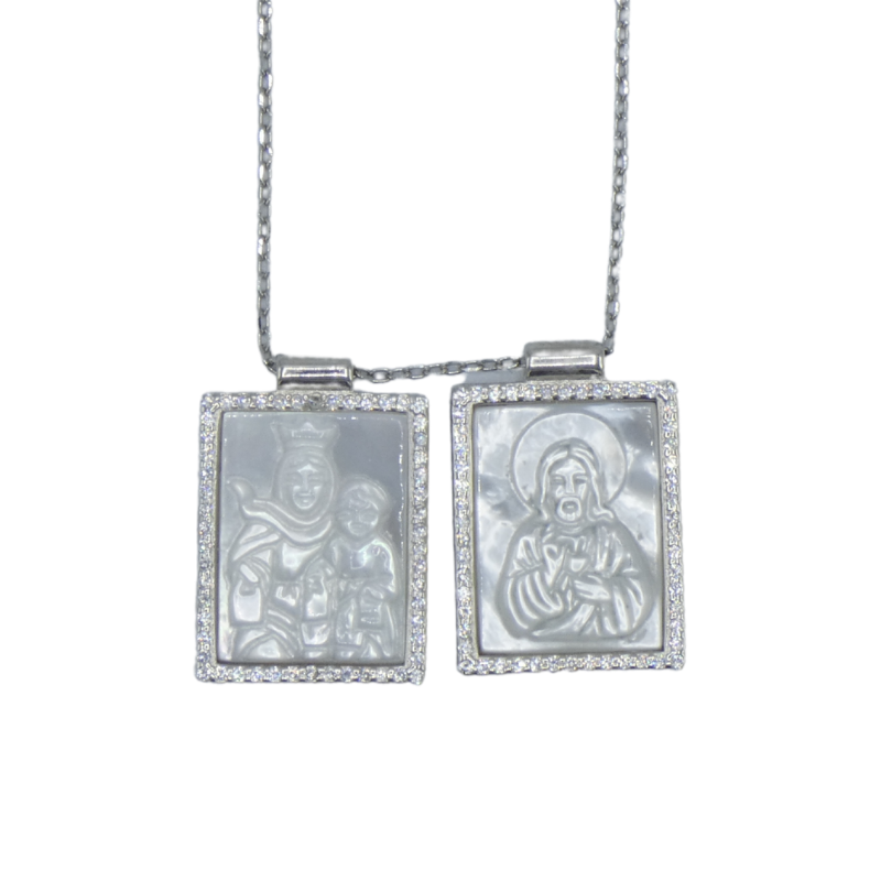 Square Mother of Pearl Scapular Necklace with Zirconium Border