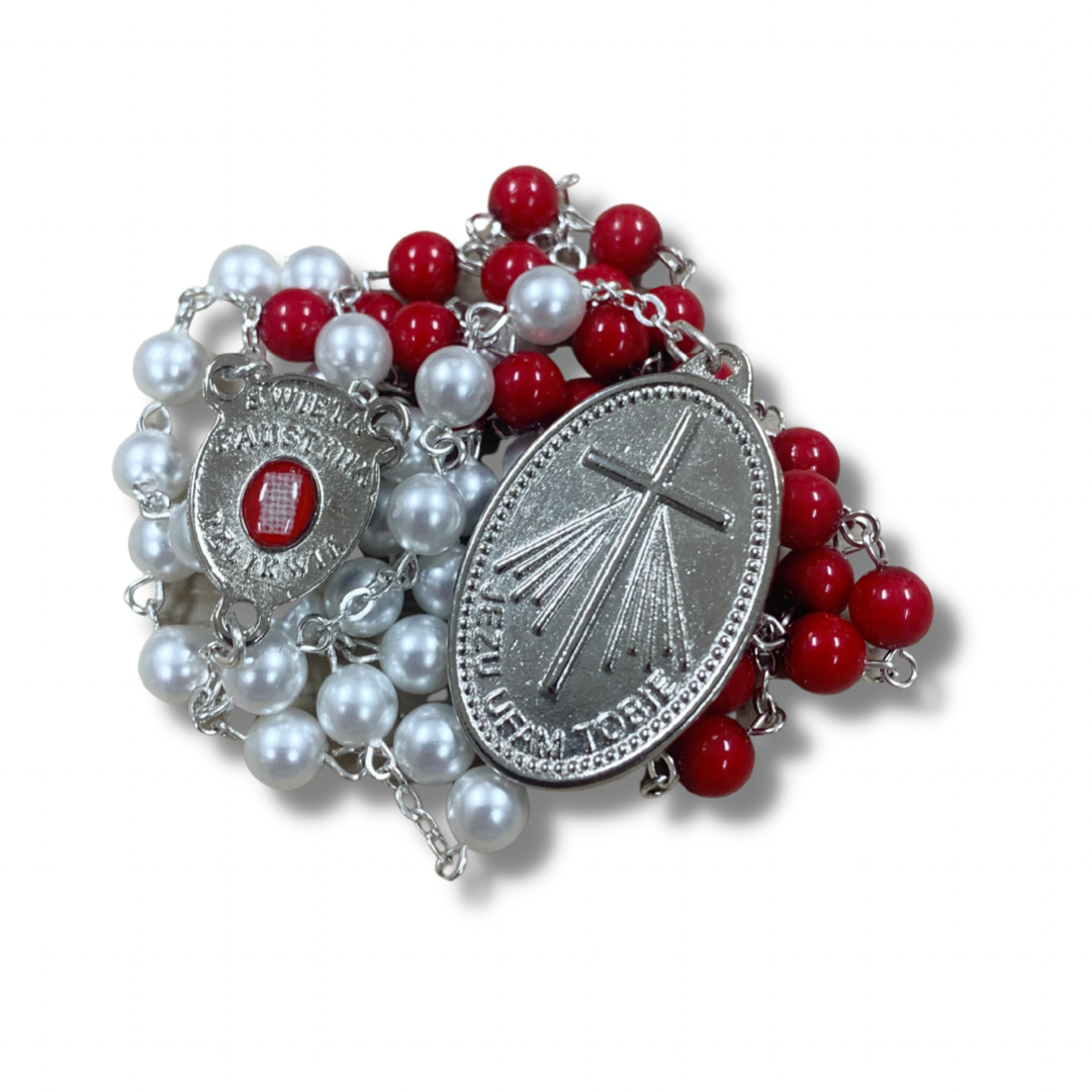 Round Pearl Blood and Water Divine Mercy Rosary with Relic and Holy Card