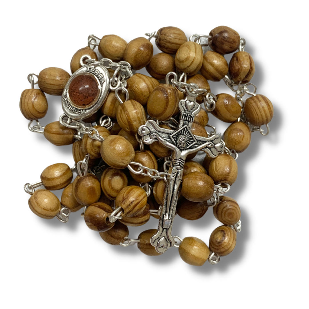 Olive Wood Our Lady of Tenderness Rosary with Soil