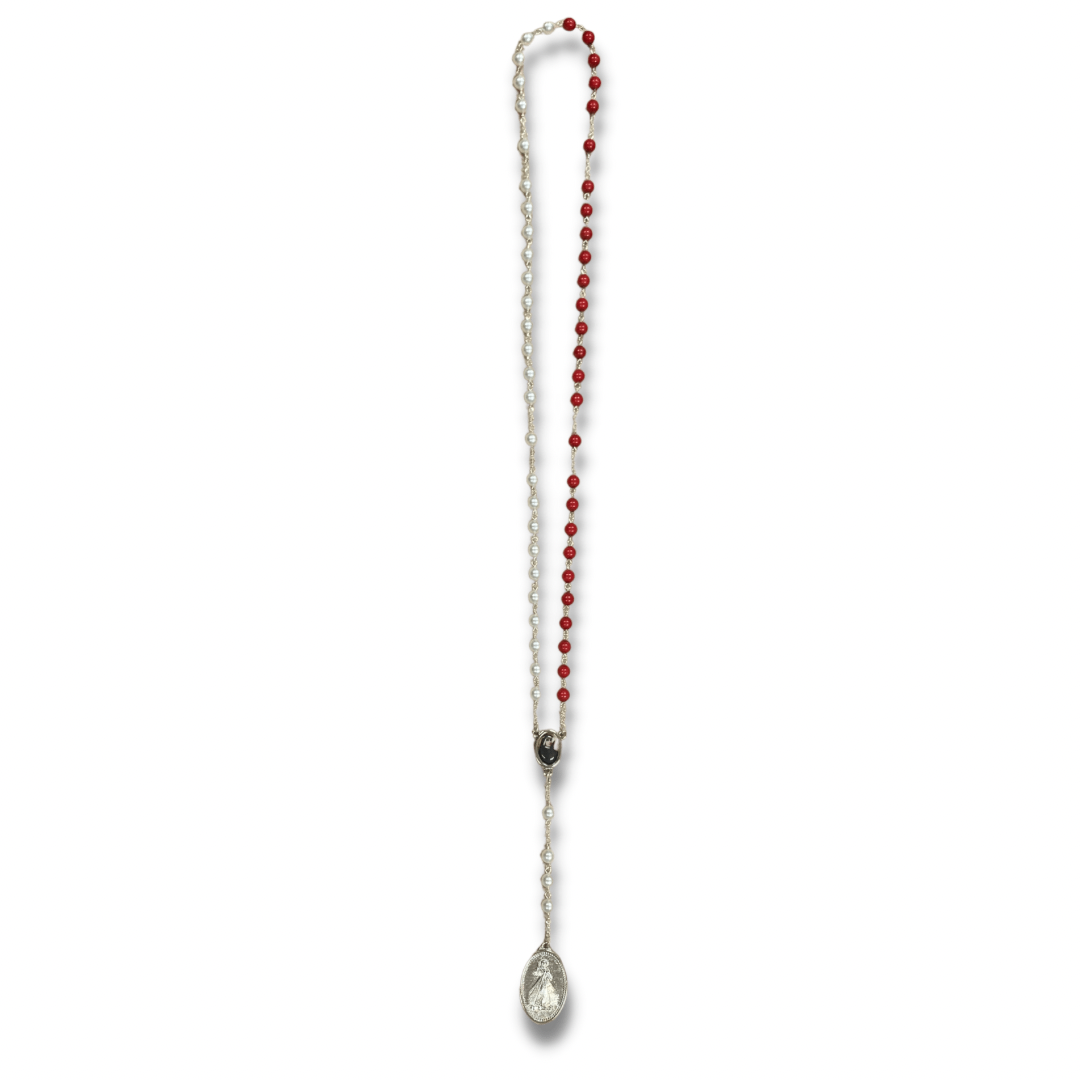 Round Pearl Blood and Water Divine Mercy Rosary with Relic and Holy Card