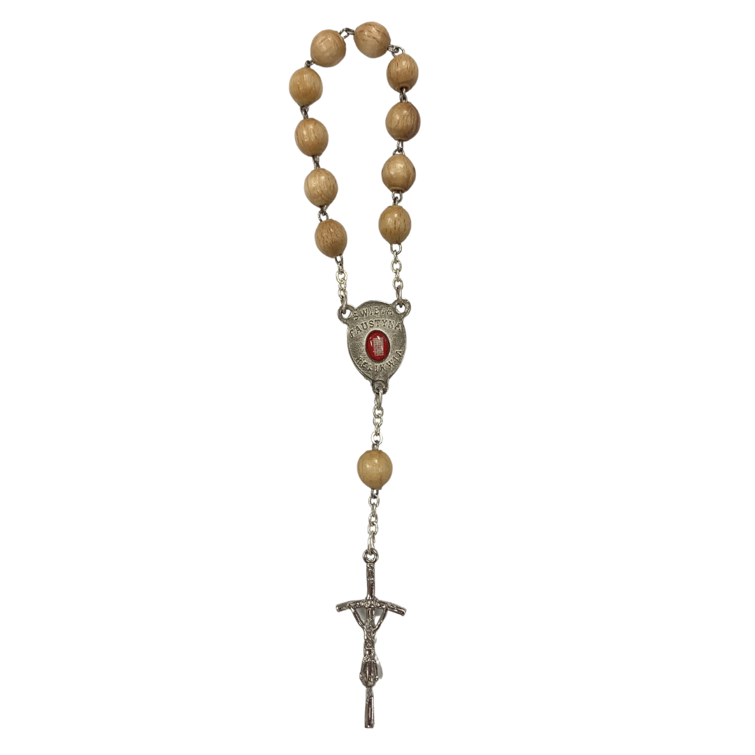Wood St. Faustina Decade Rosary with Relic and Holy Card