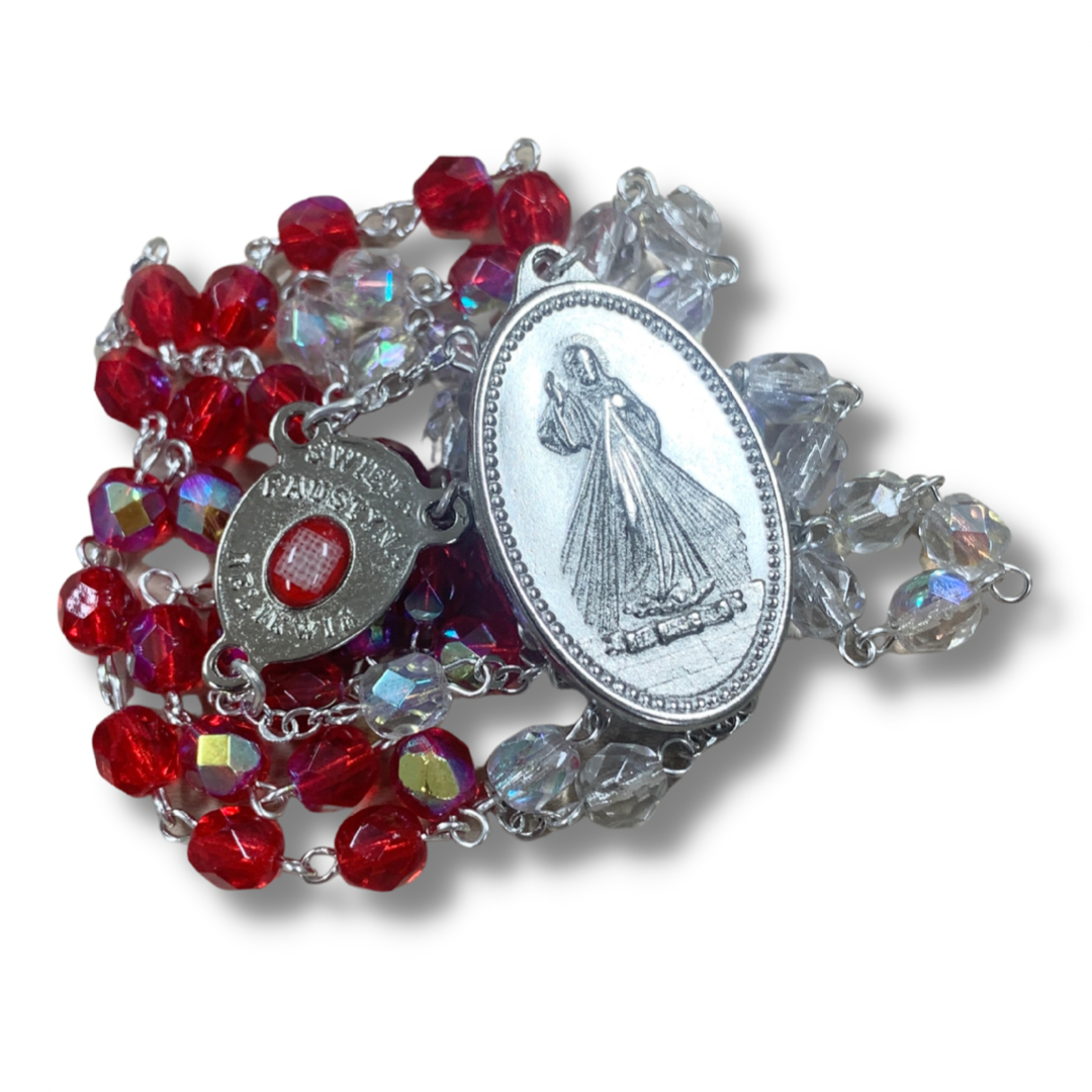Crystal Blood and Water Divine Mercy Rosary with Relic and Holy Card