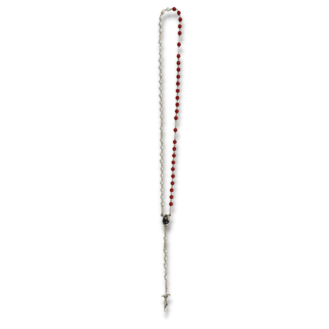 Round Pearl Blood and Water Divine Mercy Rosary with Relic and Holy Card