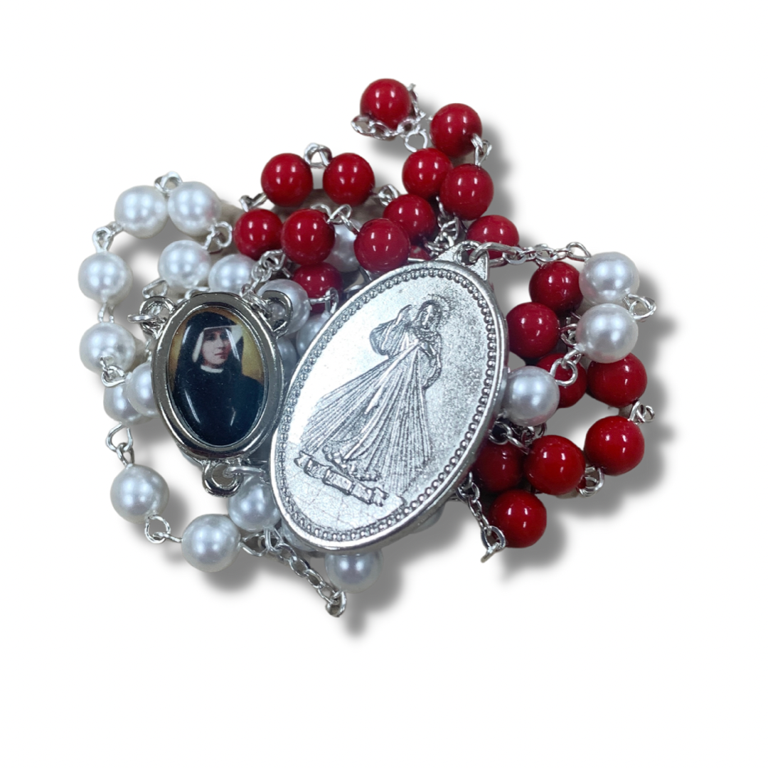 Round Pearl Blood and Water Divine Mercy Rosary with Relic and Holy Card