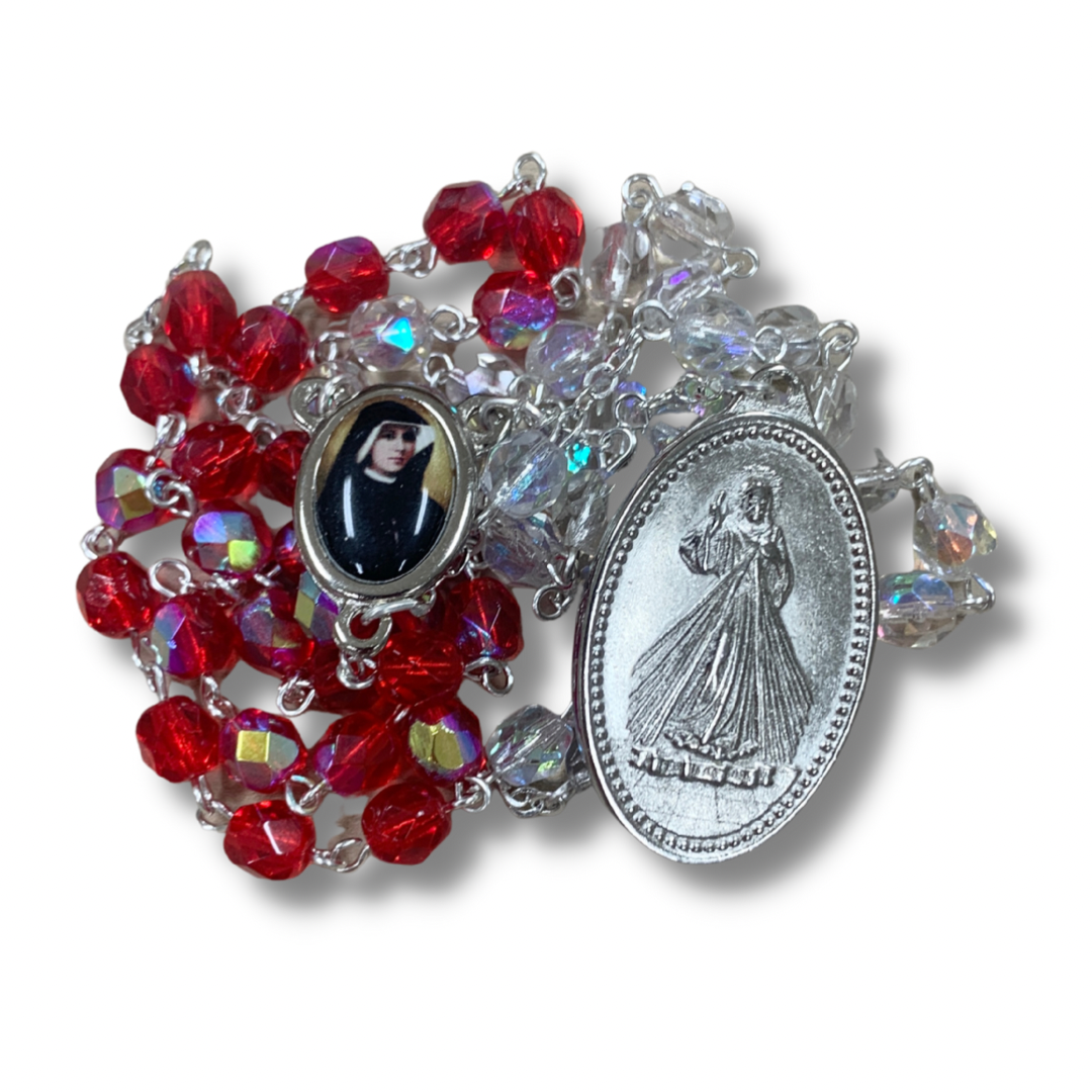 Crystal Blood and Water Divine Mercy Rosary with Relic and Holy Card