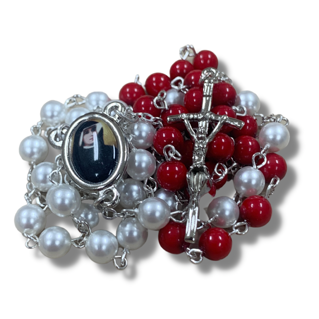 Round Pearl Blood and Water Divine Mercy Rosary with Relic and Holy Card