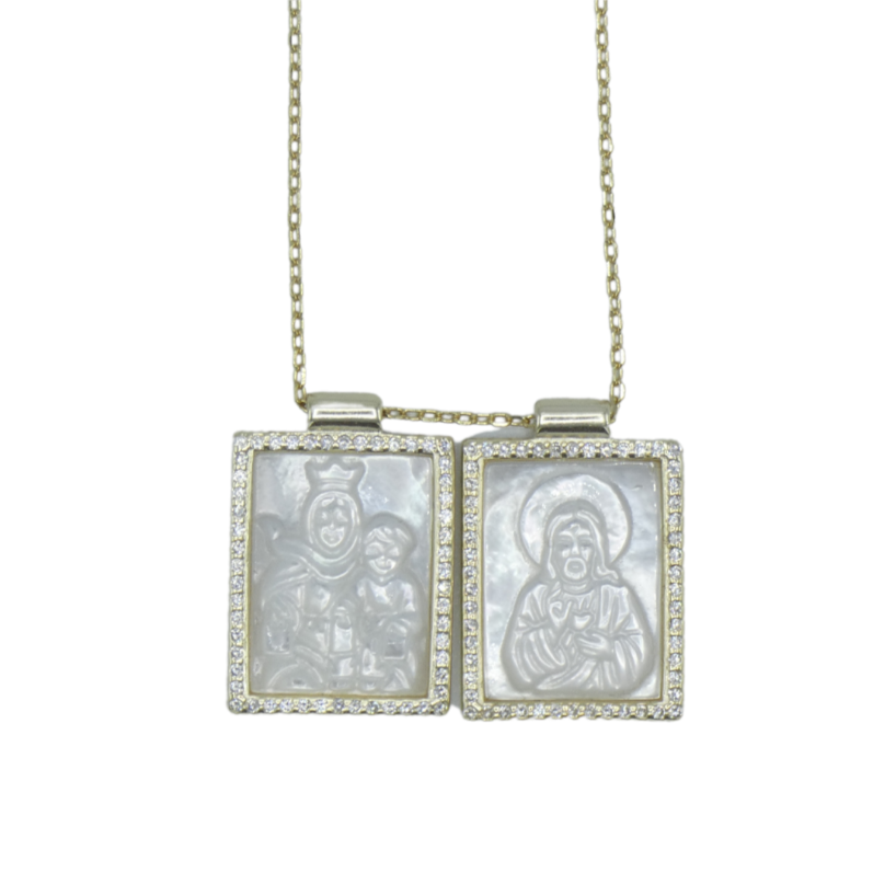 Square Mother of Pearl Scapular Necklace with Zirconium Border