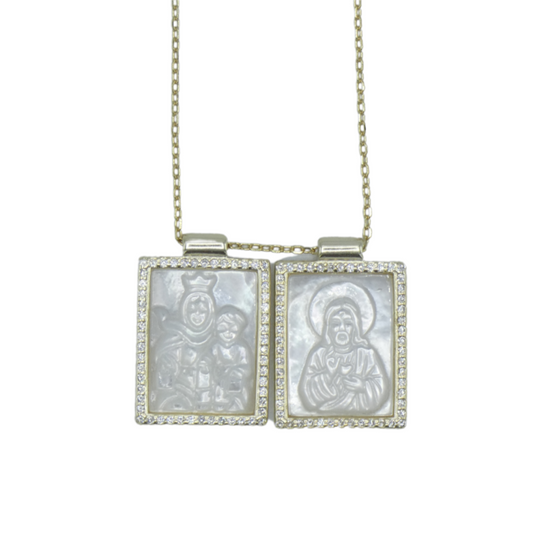 Square Mother of Pearl Scapular Necklace with Zirconium Border