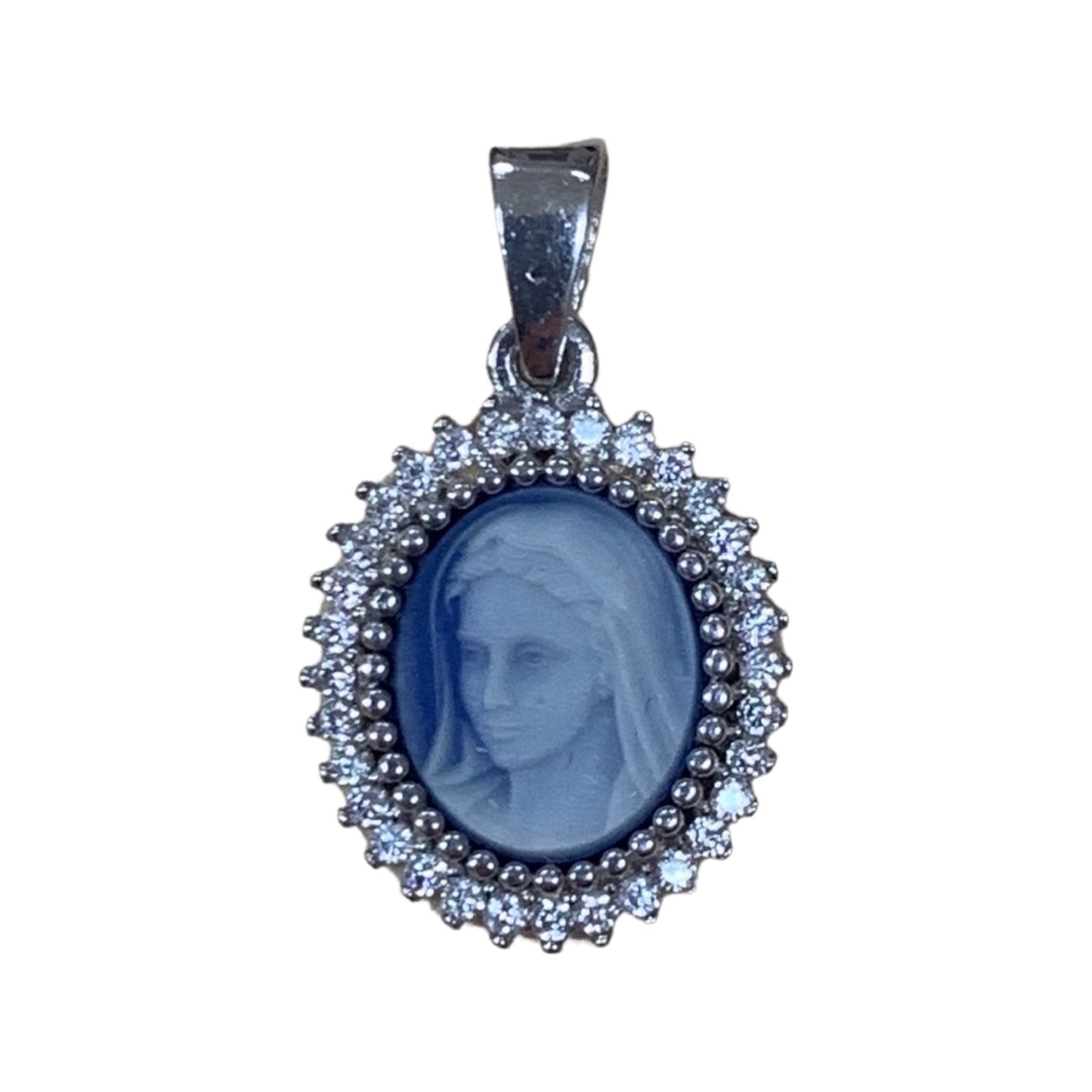 Queen of Peace Cameo Medal with Ornate Diamond Border
