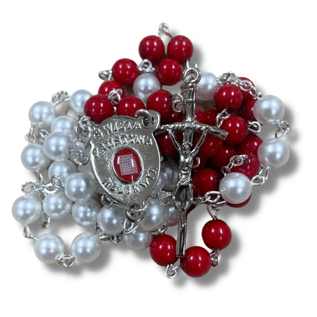 Round Pearl Blood and Water Divine Mercy Rosary with Relic and Holy Card