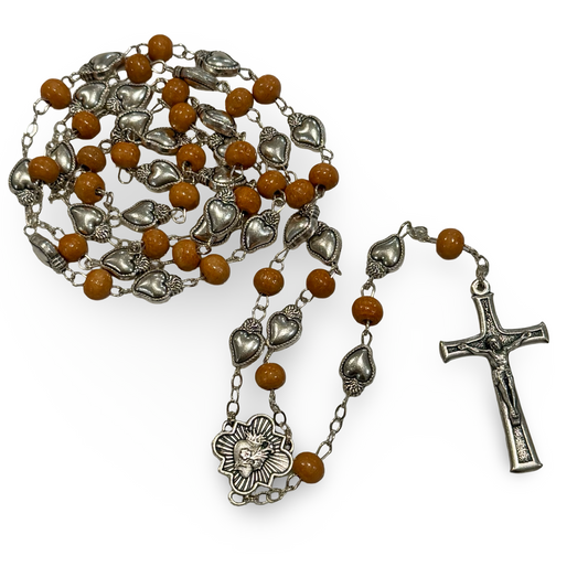 Wood and Medal Sacred Heart and Immaculate Heart Rosary