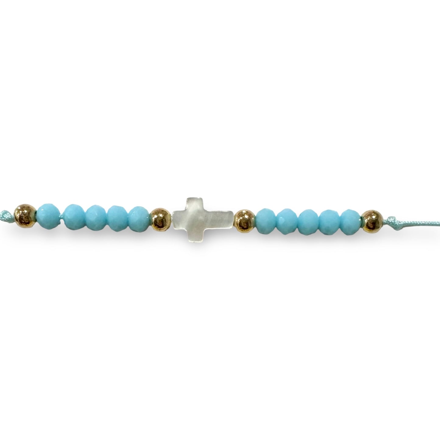 Adjustable String Bracelet with Pearl Cross and Copper Beads of Assorted Colors