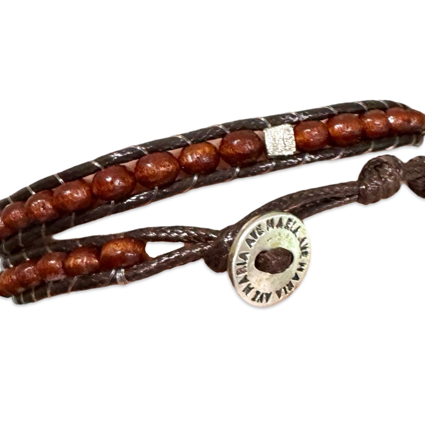 Padre Pio Rope and Wood Rosary Wrap Bracelet with Silver Medal