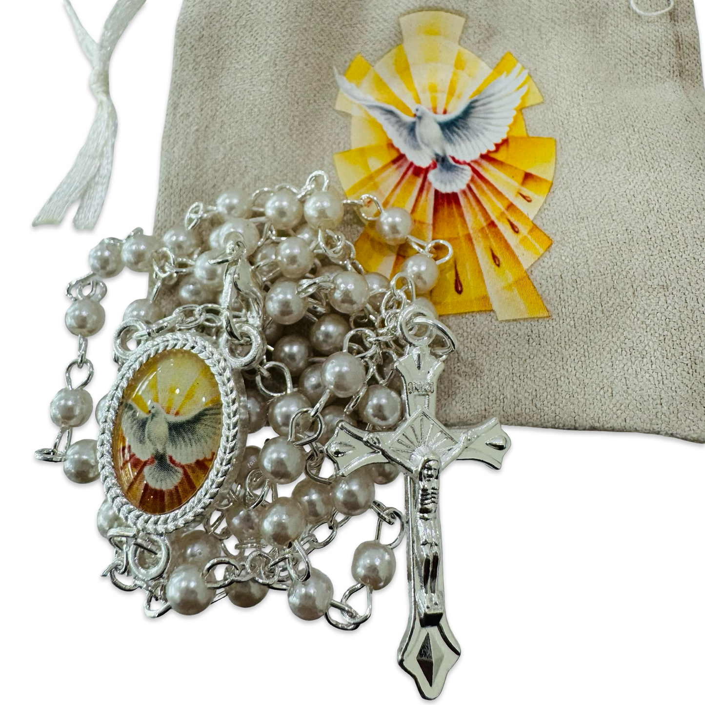 Holy Spirit Rosary in Cloth Drawstring Pouch