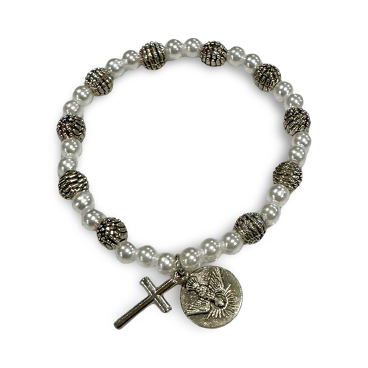 Pearl Fatima Rosary Bracelet with Silver Accents