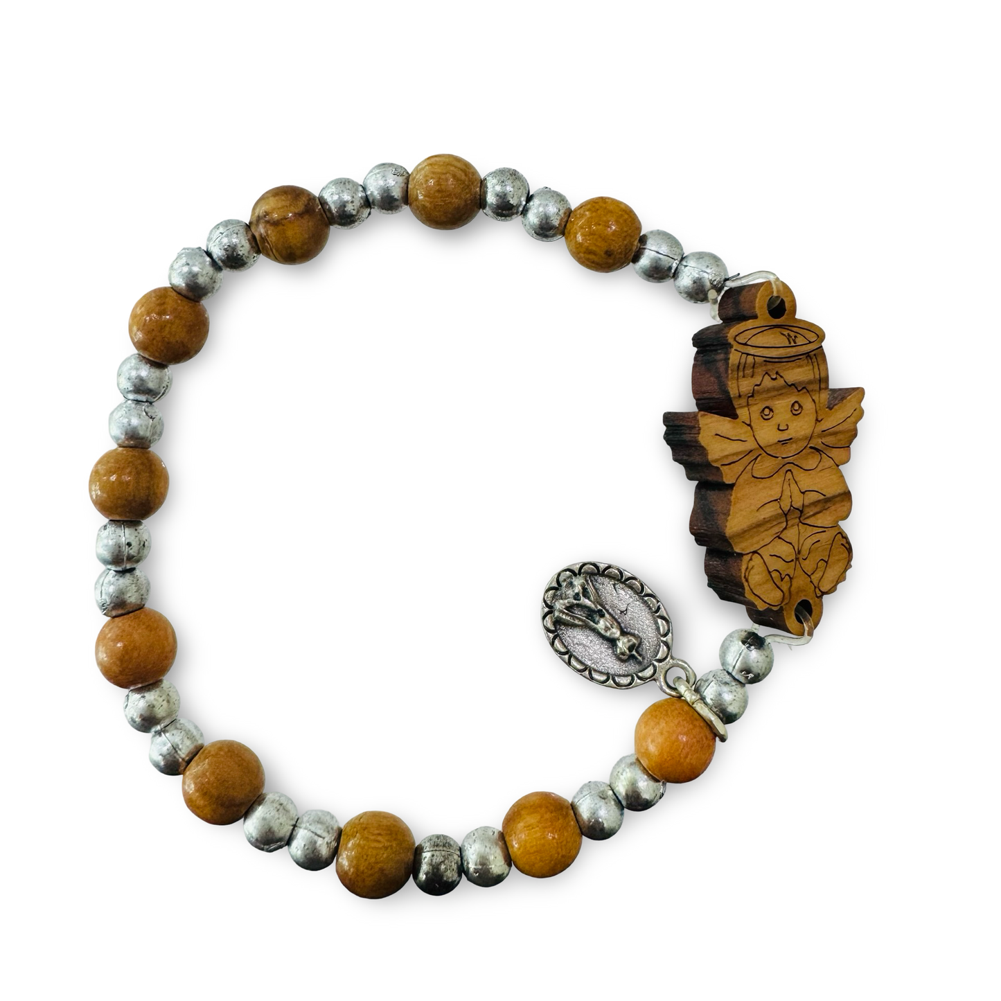 Brown and Silver Beaded Bracelet with Wooden Angel Image