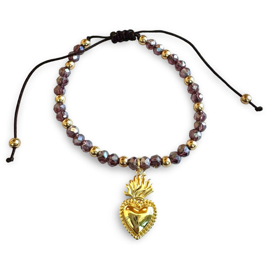 Adjustable String Purple and Copper Beaded Bracelet with Sacred Heart