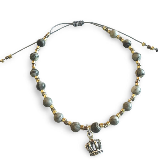 Adjustable String Bracelet with Metallic and Marble Beads and Crown of Our Lady of Fatima