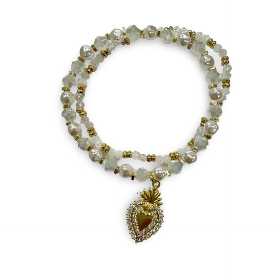 Sacred Heart of Jesus Pearl and White Crystal Bracelet Set