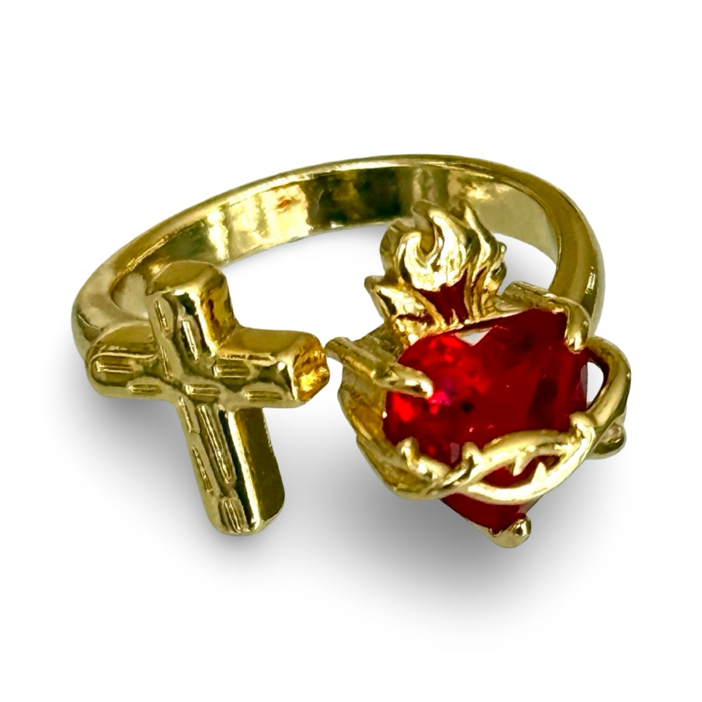 Gold Sacred Heart and Cross Ring