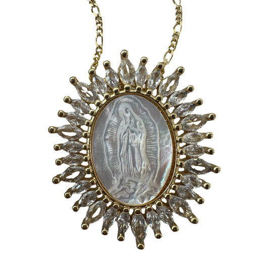 Our Lady of Guadalupe Necklace - Oval Mother of Pearl with Crystal Border