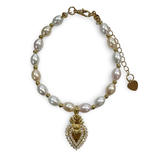 Multicolored Pearl Sacred Heart Bracelet with Gold Accents
