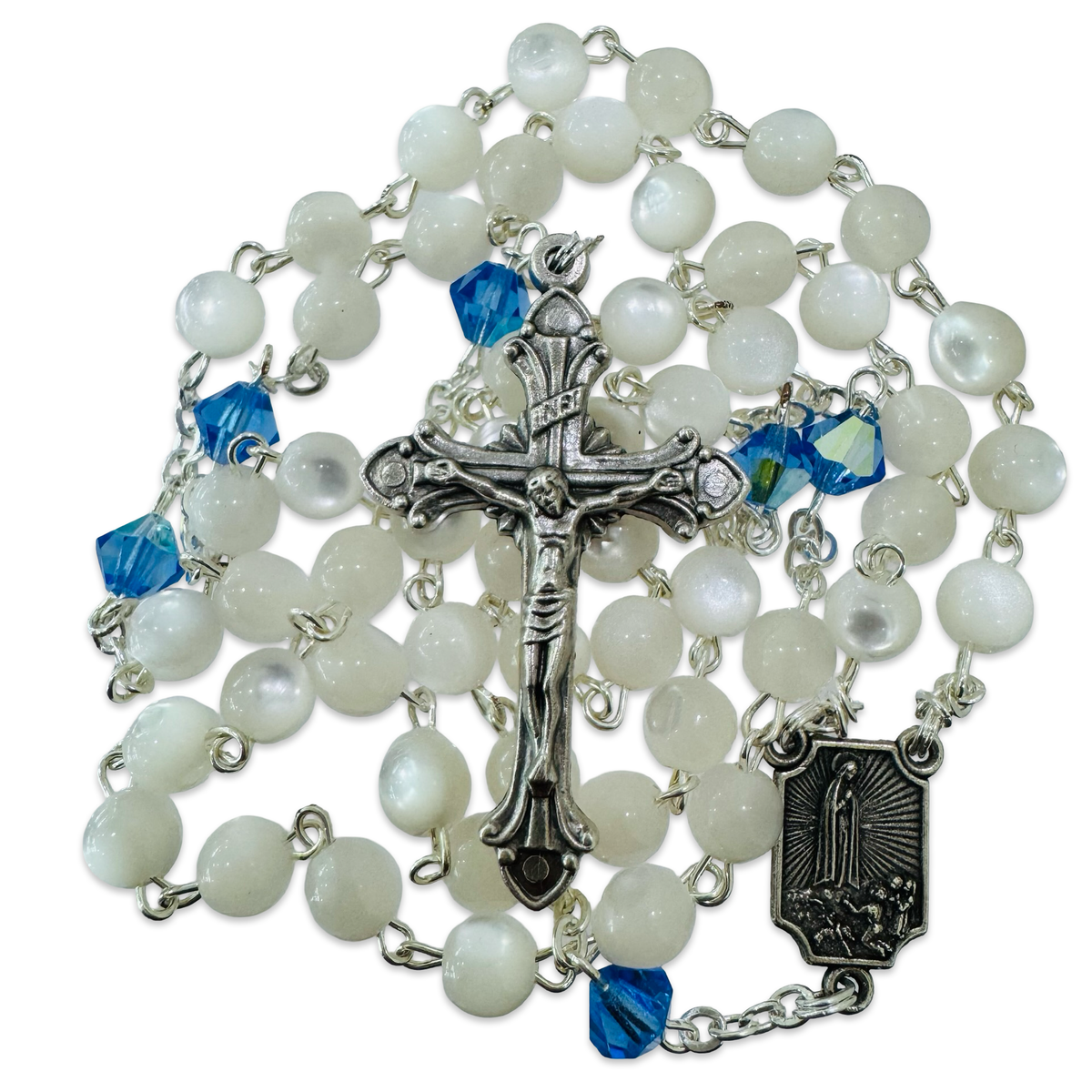 Iridescent White and Blue Fatima Rosary