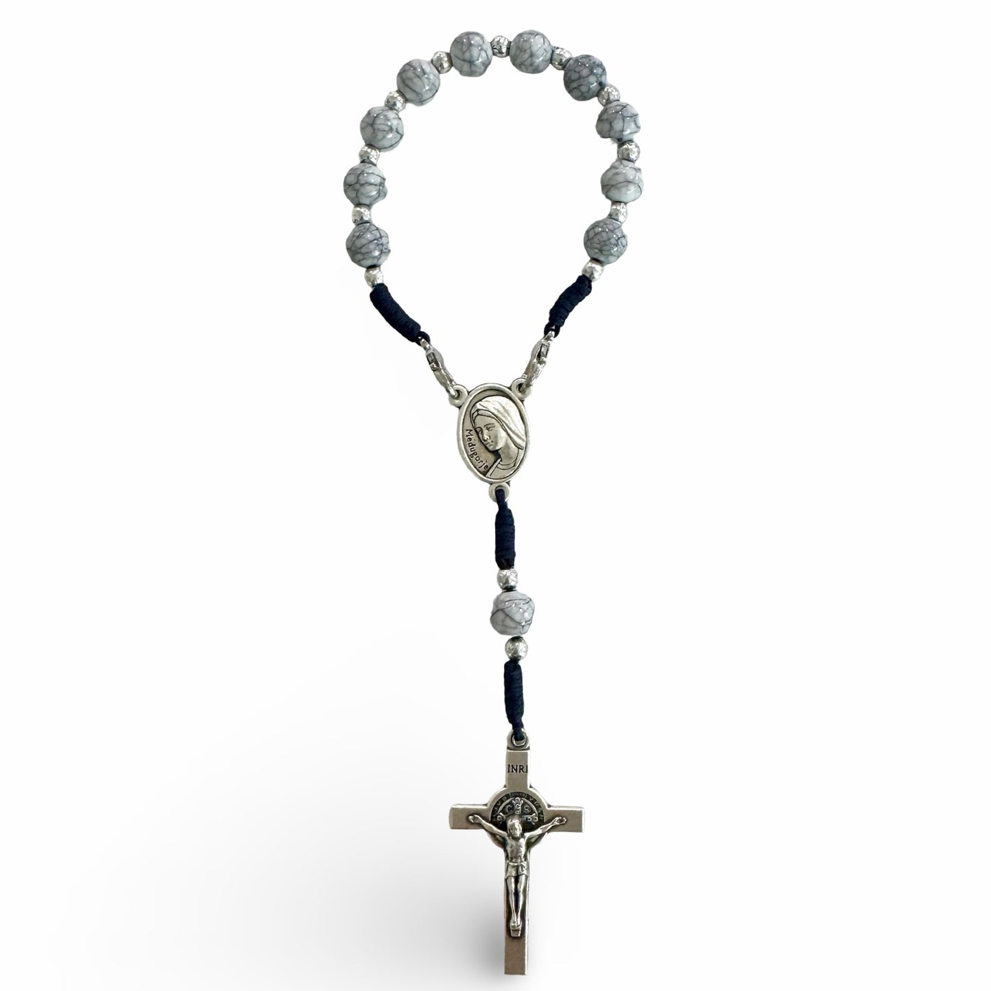 Marble Queen of Peace Cord Decade Rosary with Clasp and St. Benedict Crucifix