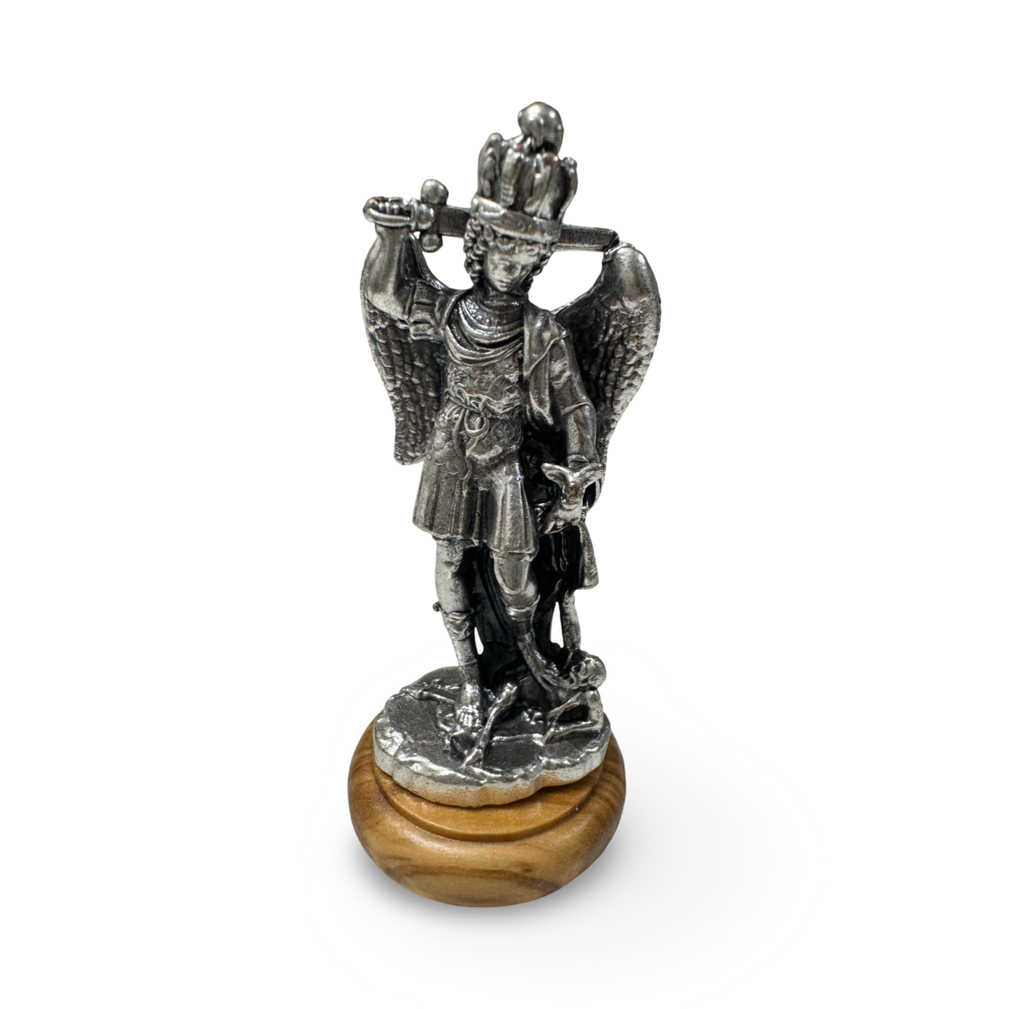 Silver St. Michael Statue with Olive Wood Base