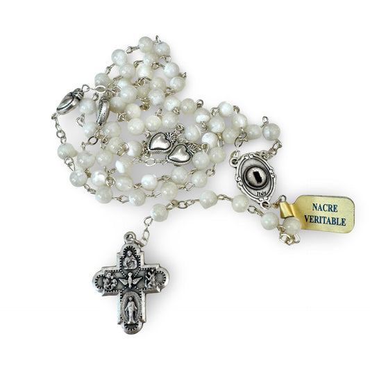 Mother of Pearl Padre Pio Relic Rosary with 4 Way Cross
